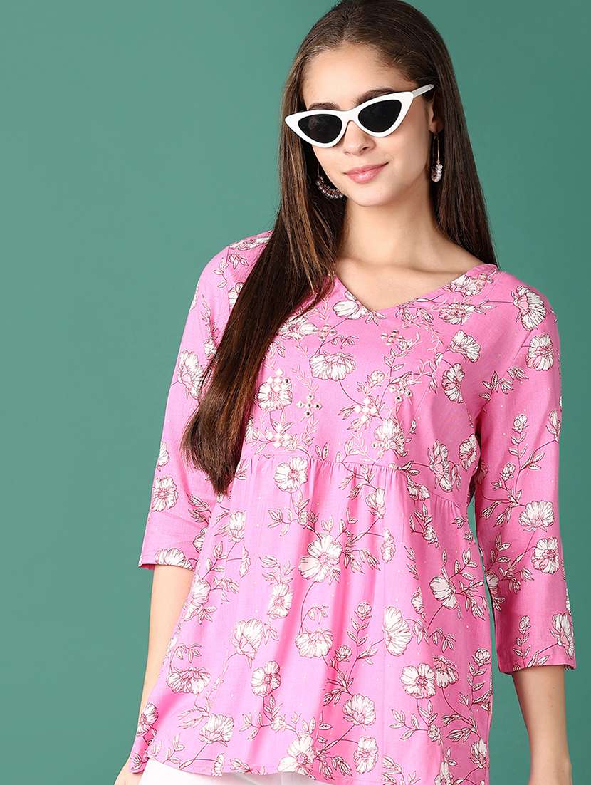 women floral three quarter sleeve a-line kurti - 21569985 -  Standard Image - 4