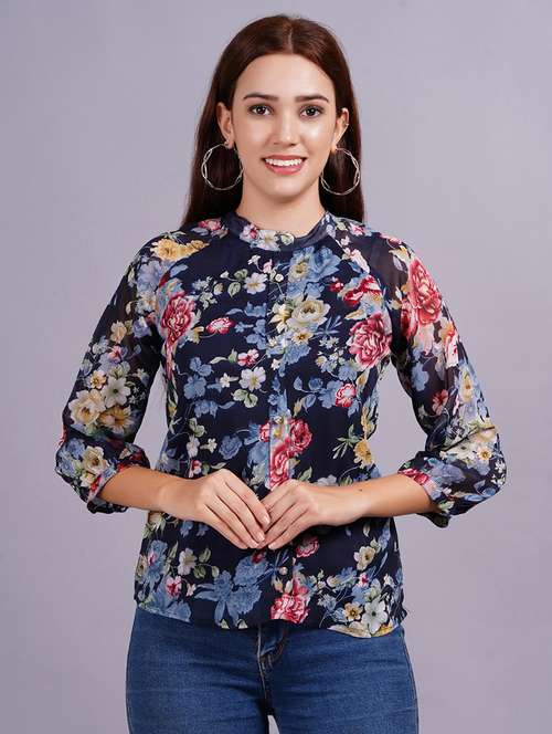 women navy blue floral printed regular top - 21570489 - Standard Image - 0