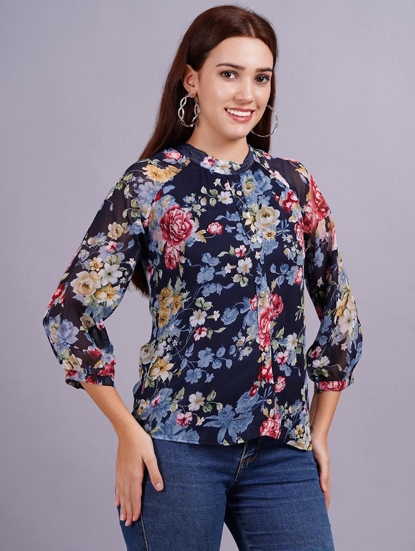 women navy blue floral printed regular top - 21570489 -  Standard Image - 1