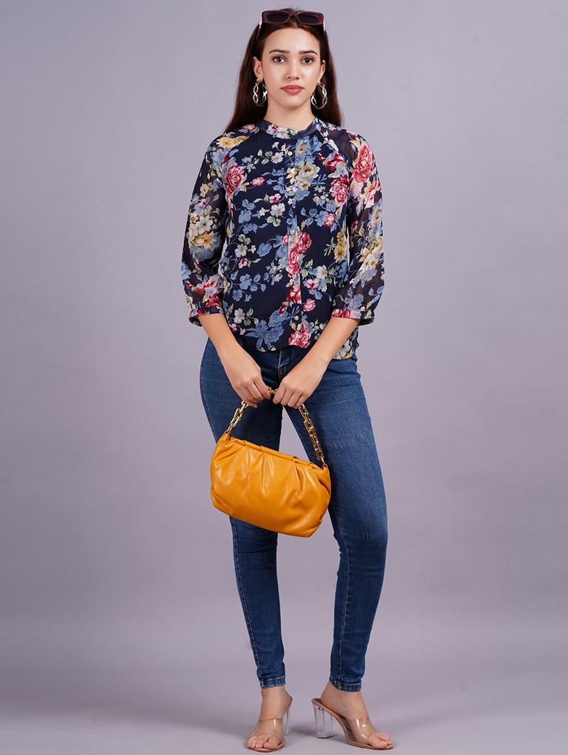 women navy blue floral printed regular top - 21570489 - Standard Image - 4