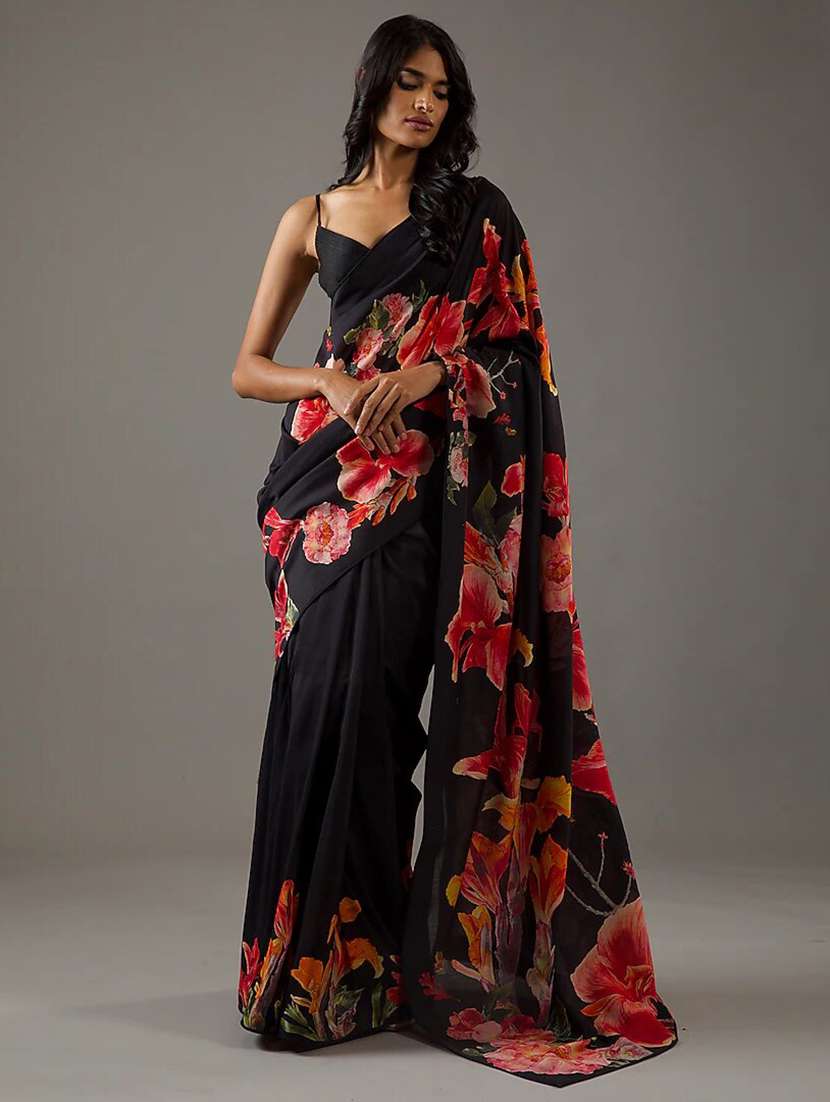 women black floral printed saree with blouse