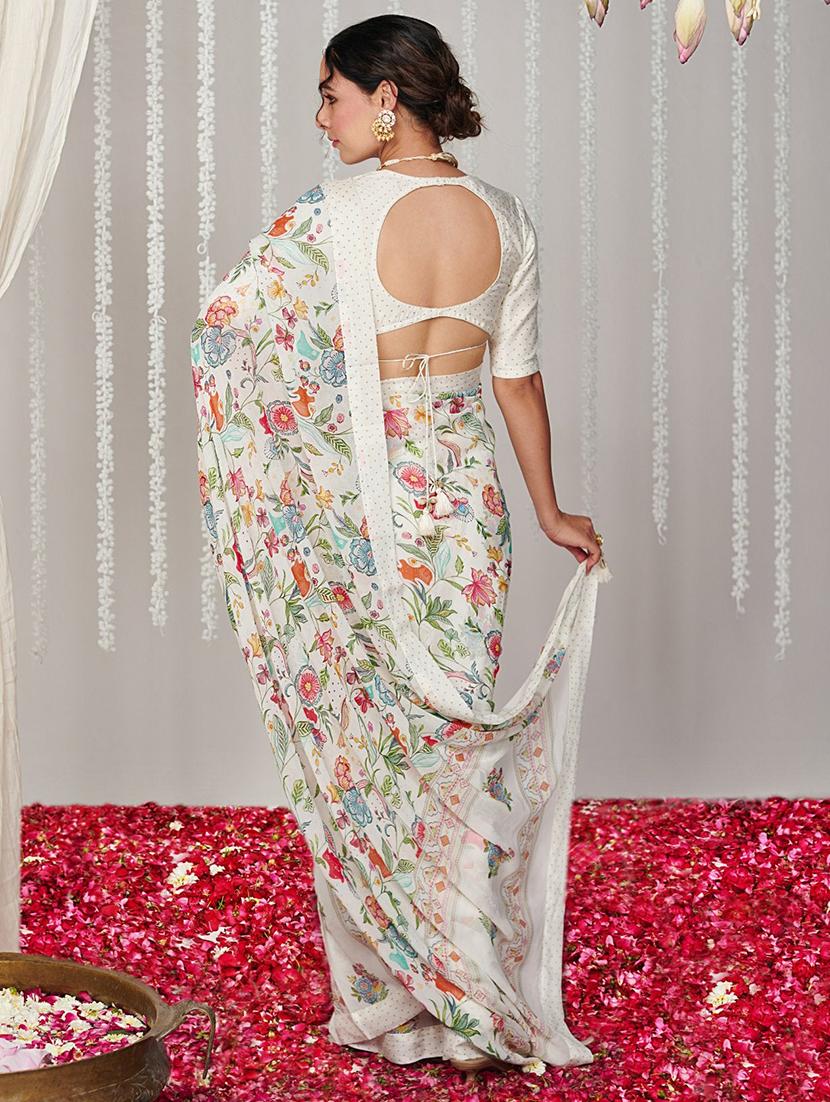 women off-white floral printed saree with blouse - 21570567 - Standard Image - 1