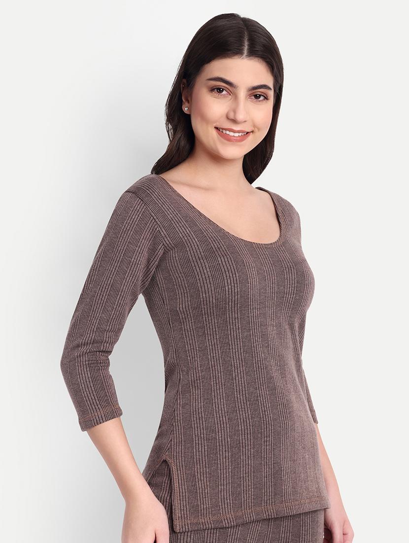 women solid long sleeve scoop neck thermal top - 21570590 - Standard Image - 1