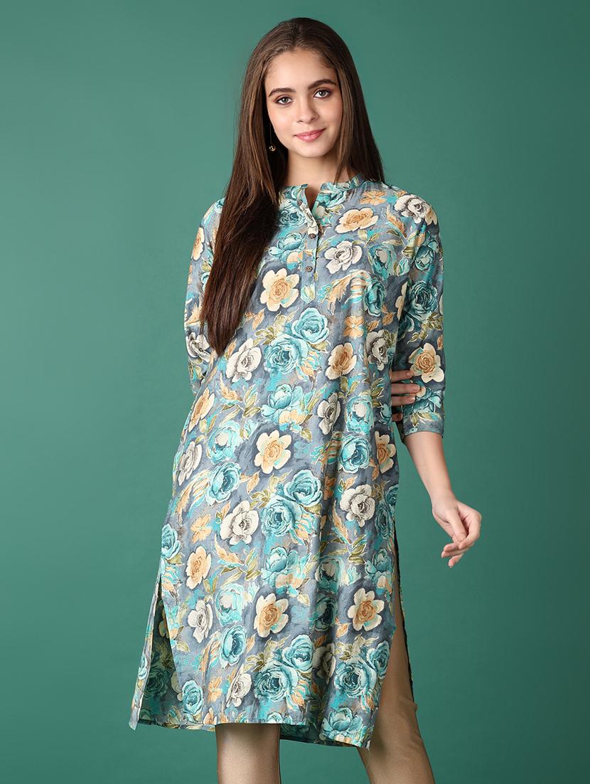 women floral three quarter sleeve straight kurta - 21570674 -  Standard Image - 1