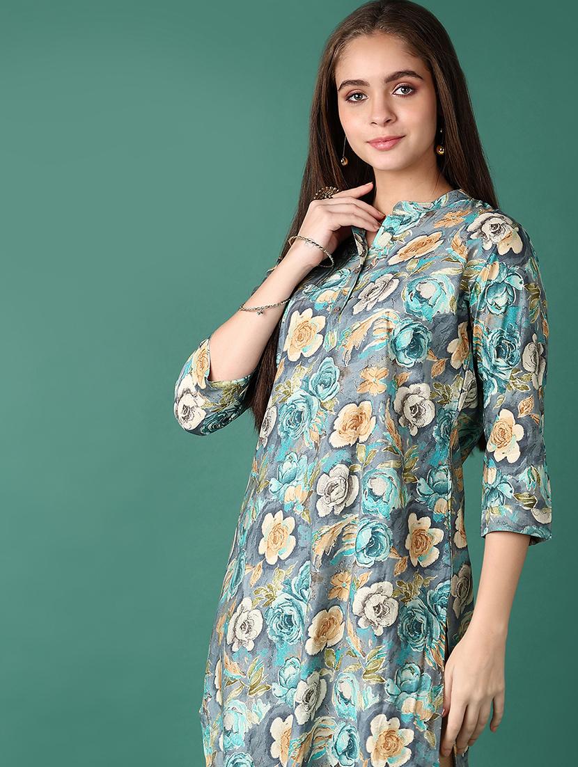 women floral three quarter sleeve straight kurta - 21570674 - Standard Image - 4