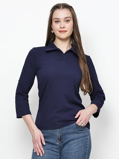 women blue solid collared neck top - 21570881 -  Standard Image - 0