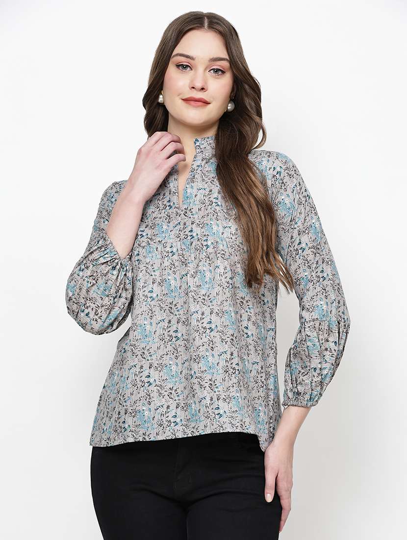 women floral printed mandarin neck top