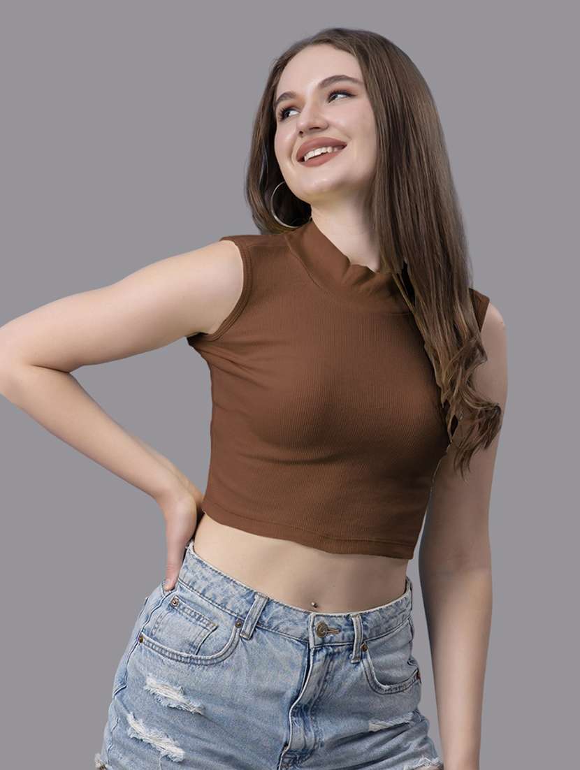 women solid sleeveless crop top - 21571385 - Standard Image - 1