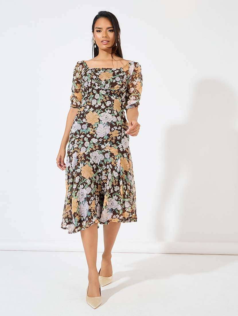 women brown floral printed asymmetric dress