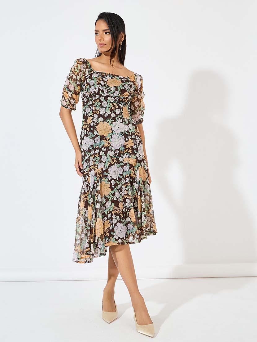 women brown floral printed asymmetric dress - 21571421 - Standard Image - 1