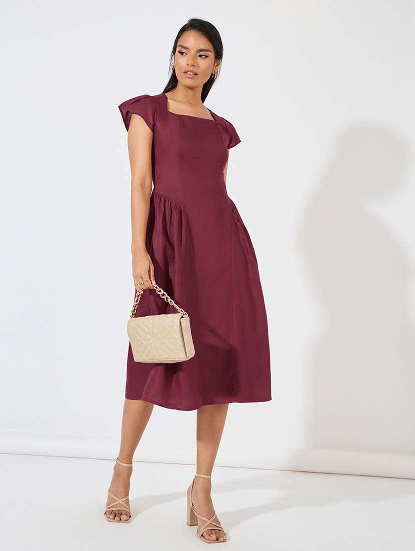 women burgundy solid a-line dress