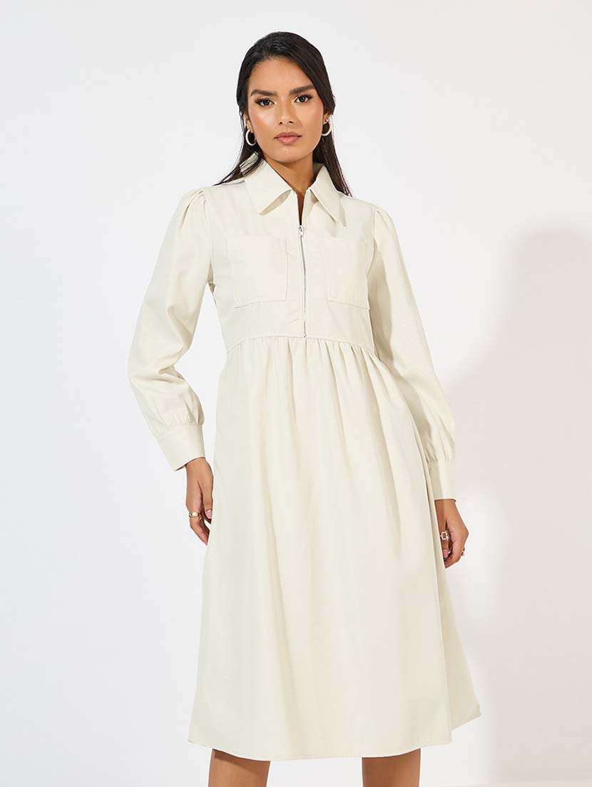 women beige solid a-line dress