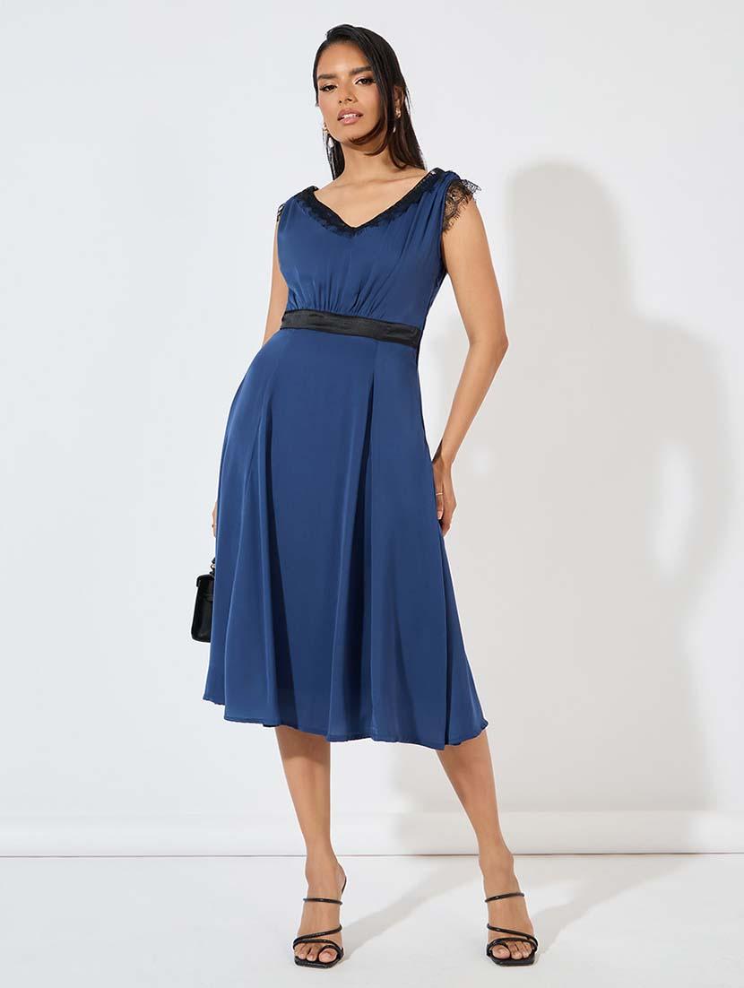women navy blue solid a-line dress - 21571428 -  Zoom Image - 0