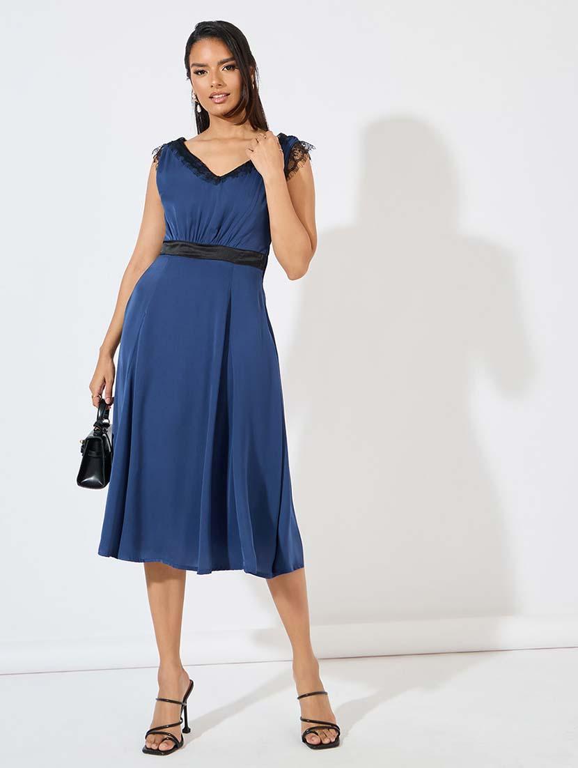 women navy blue solid a-line dress - 21571428 - Standard Image - 1