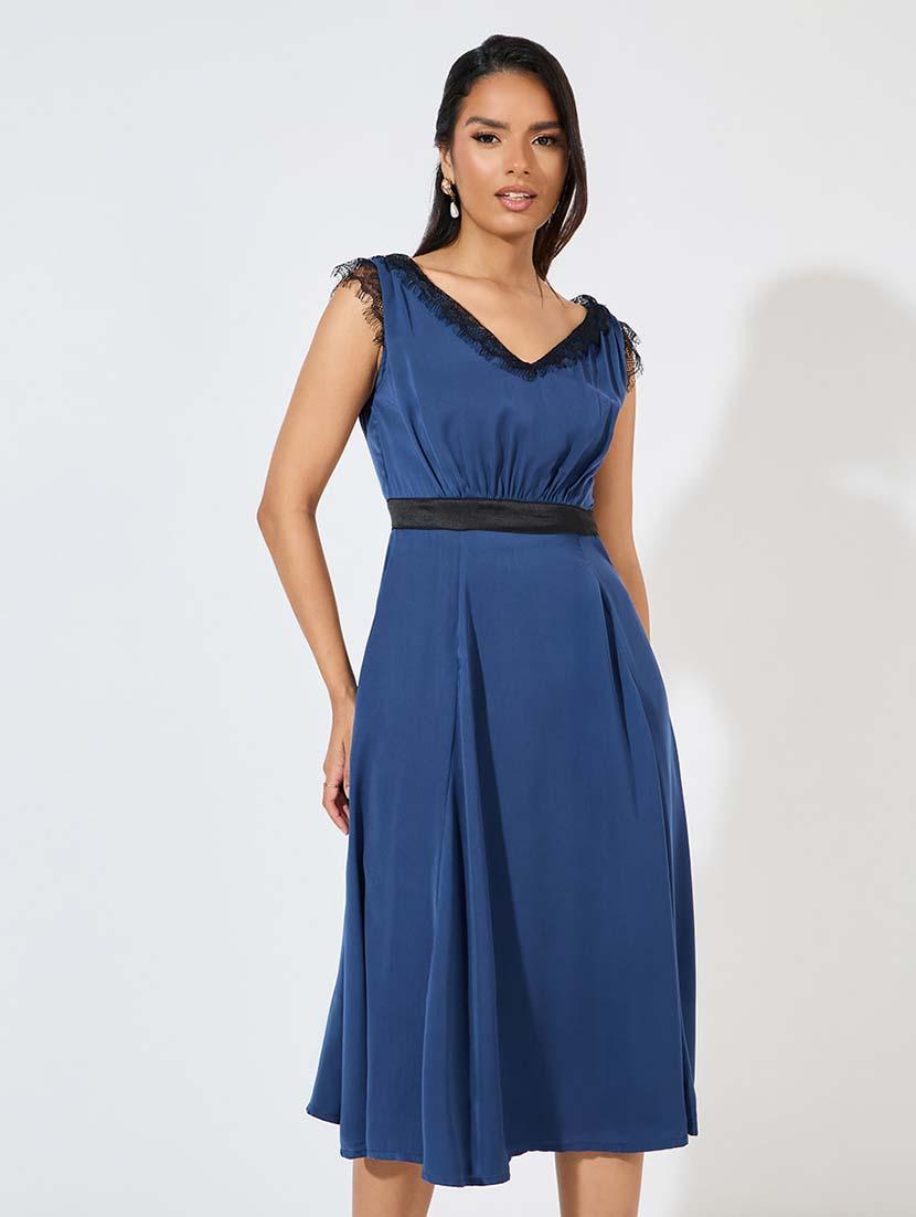 women navy blue solid a-line dress - 21571428 - Standard Image - 4