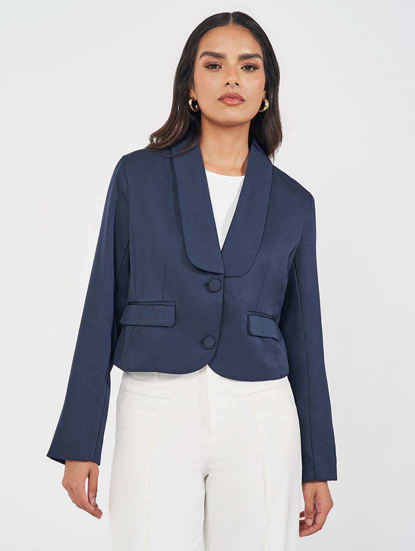 women navy blue solid single breasted blazer