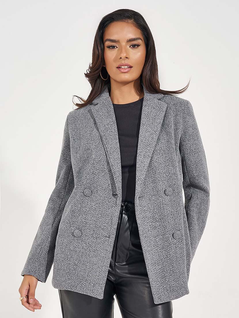 women grey solid double breasted blazer - 21571469 -  Standard Image - 1