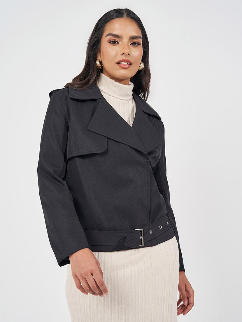 women black solid biker jacket - 21571472 -  Standard Image - 1