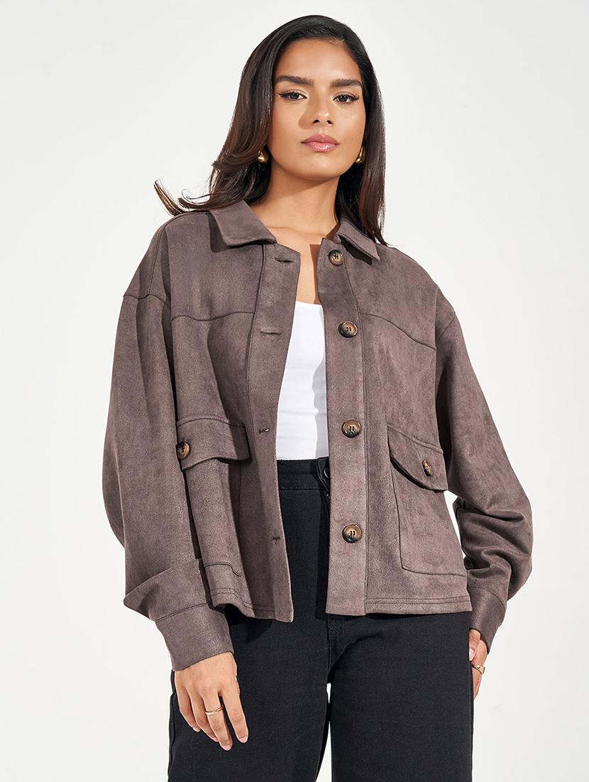 women brown solid long sleeve regular jacket - 21571476 - Standard Image - 1