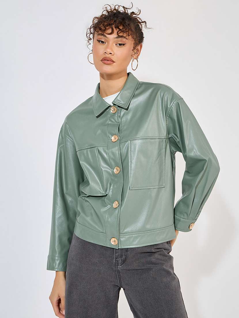 women olive solid regular jacket - 21571481 -  Standard Image - 1