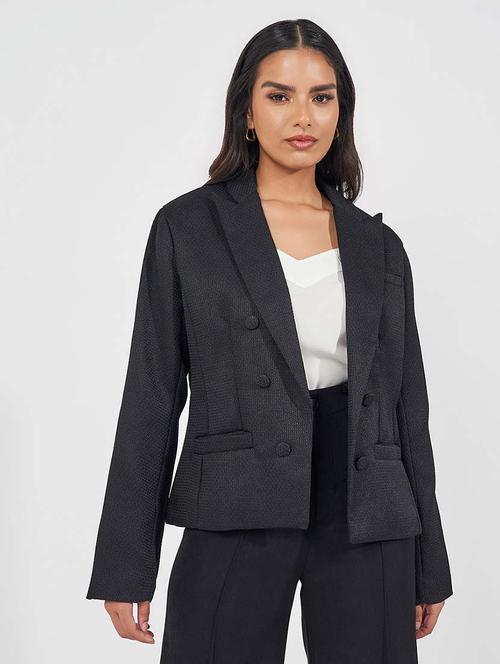 women black solid double breasted blazer - 21571531 - Standard Image - 0