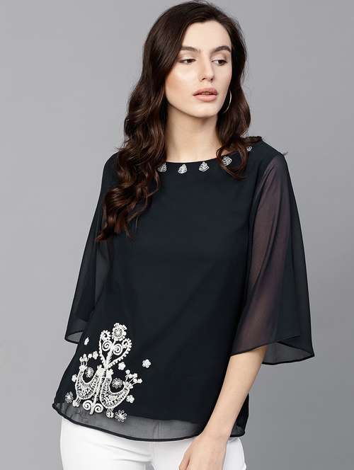 women navy blue embroidered regular top