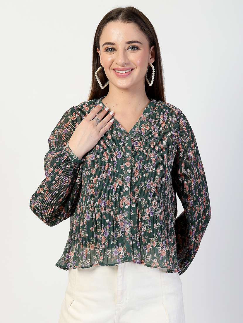 women bottle green floral printed regular top