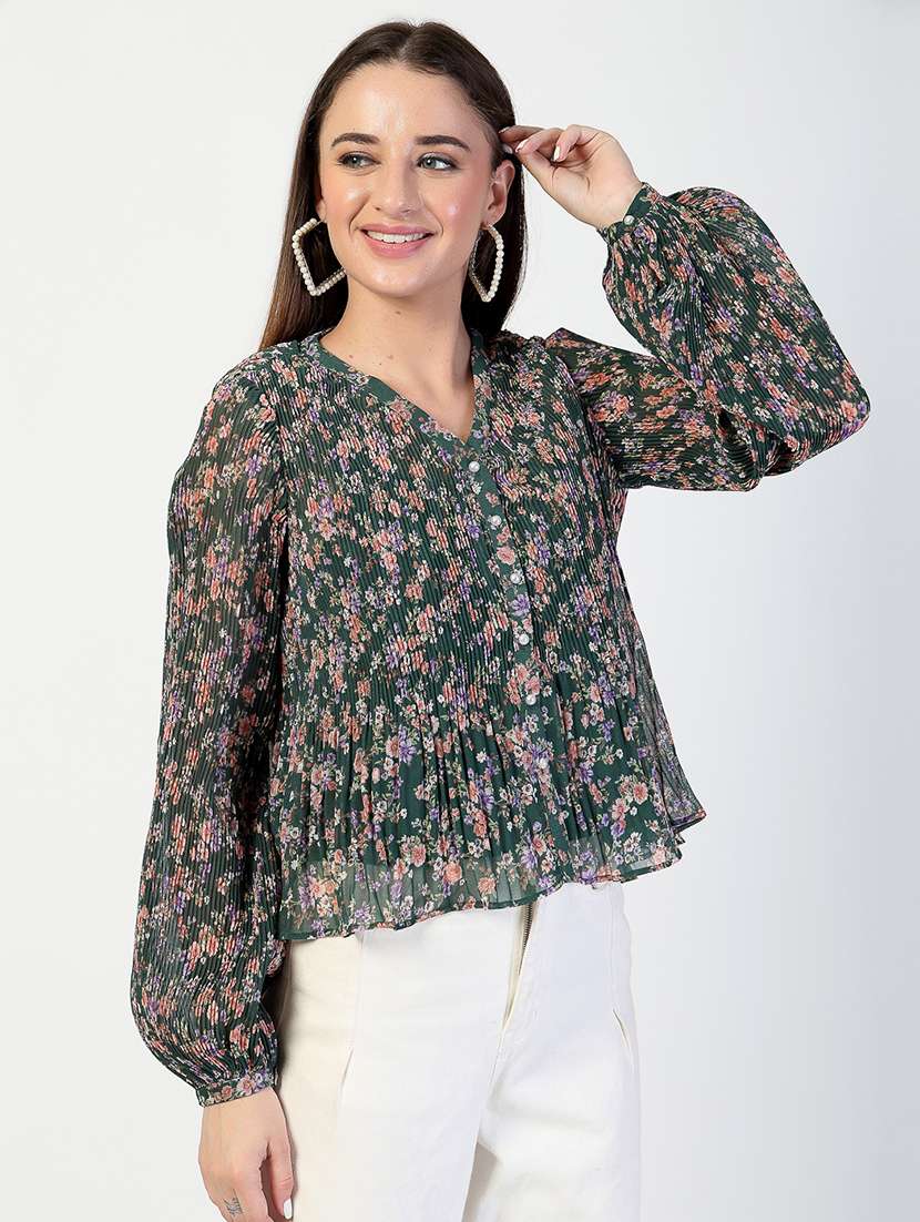 women bottle green floral printed regular top - 21571960 - Standard Image - 1