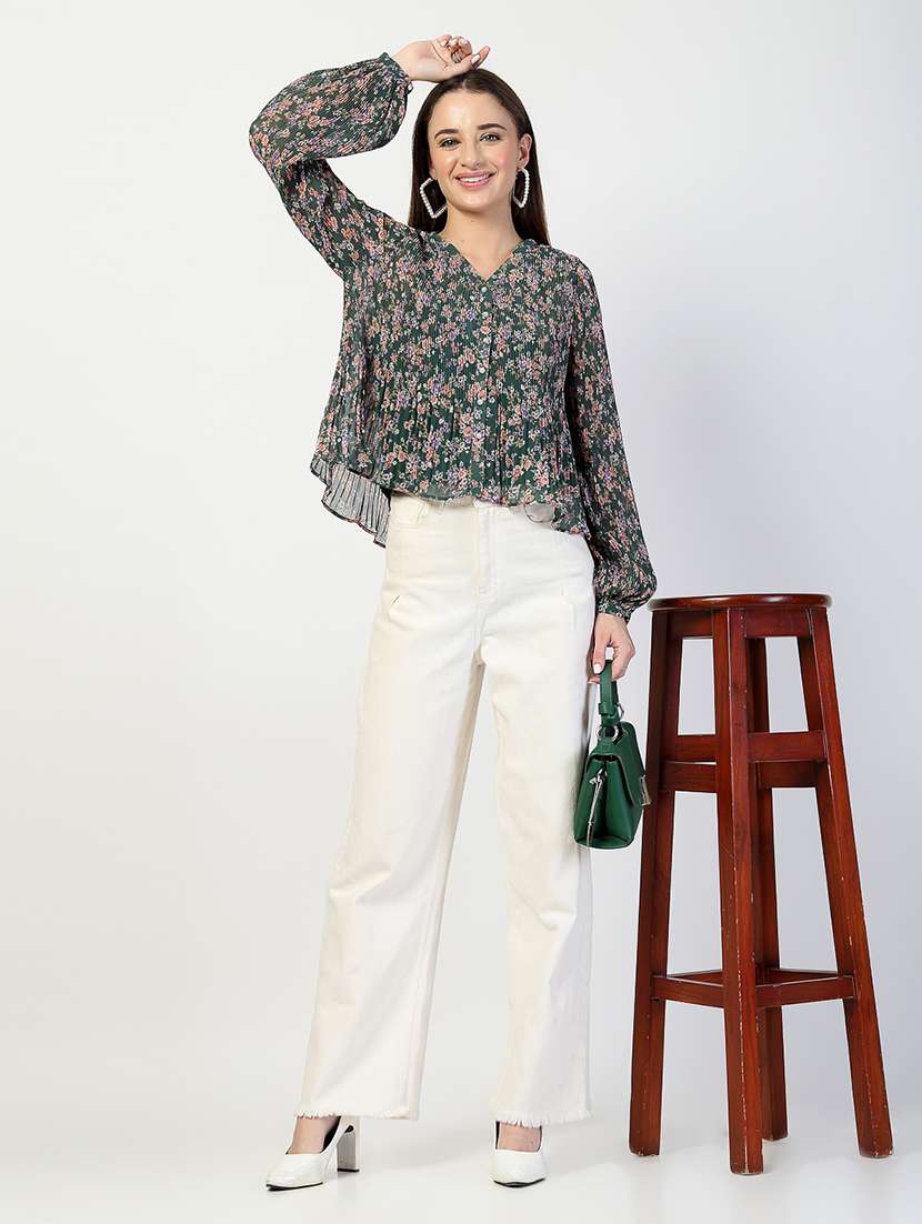 women bottle green floral printed regular top - 21571960 - Standard Image - 4