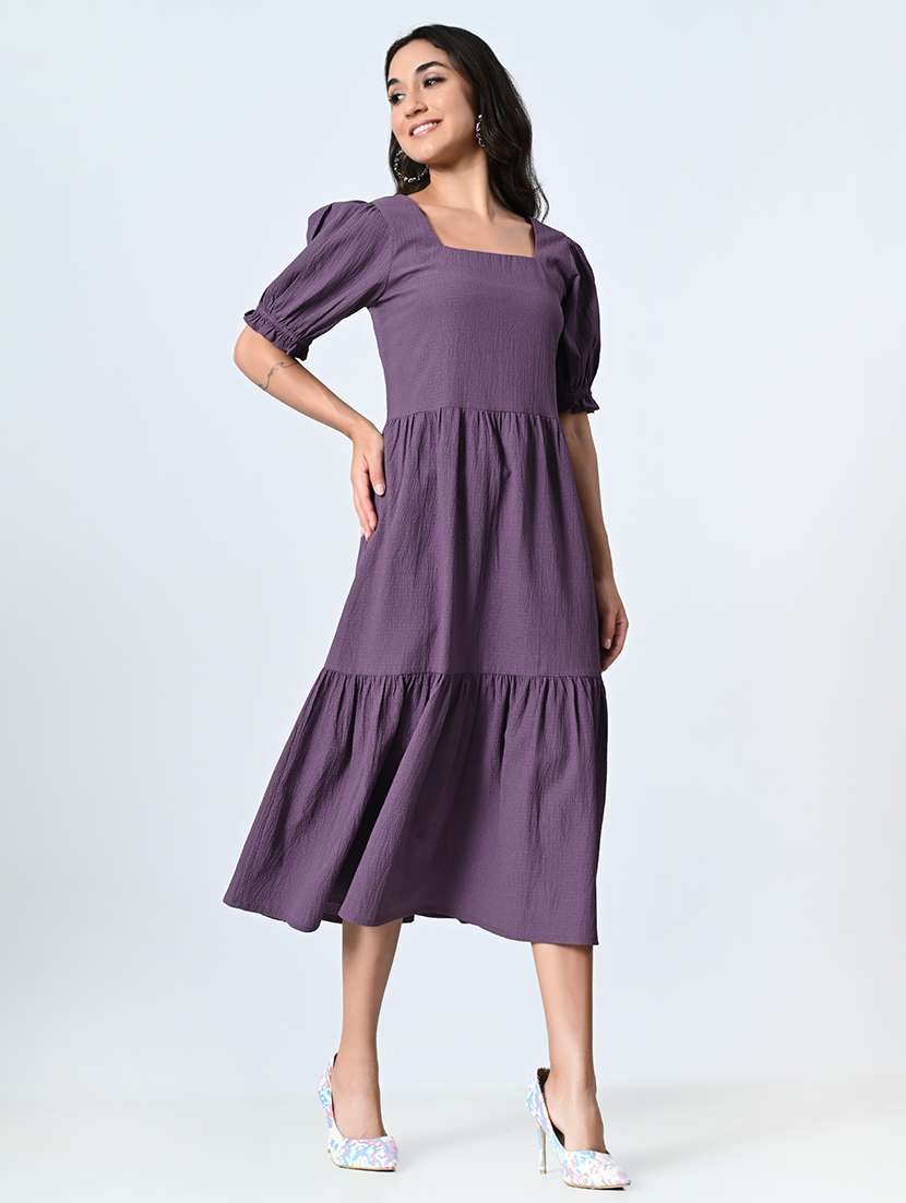 women solid smocked detailed tiered dress - 21571968 -  Standard Image - 1