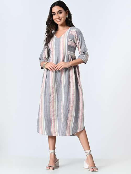 women grey stripes a-line dress - 21571972 -  Standard Image - 0