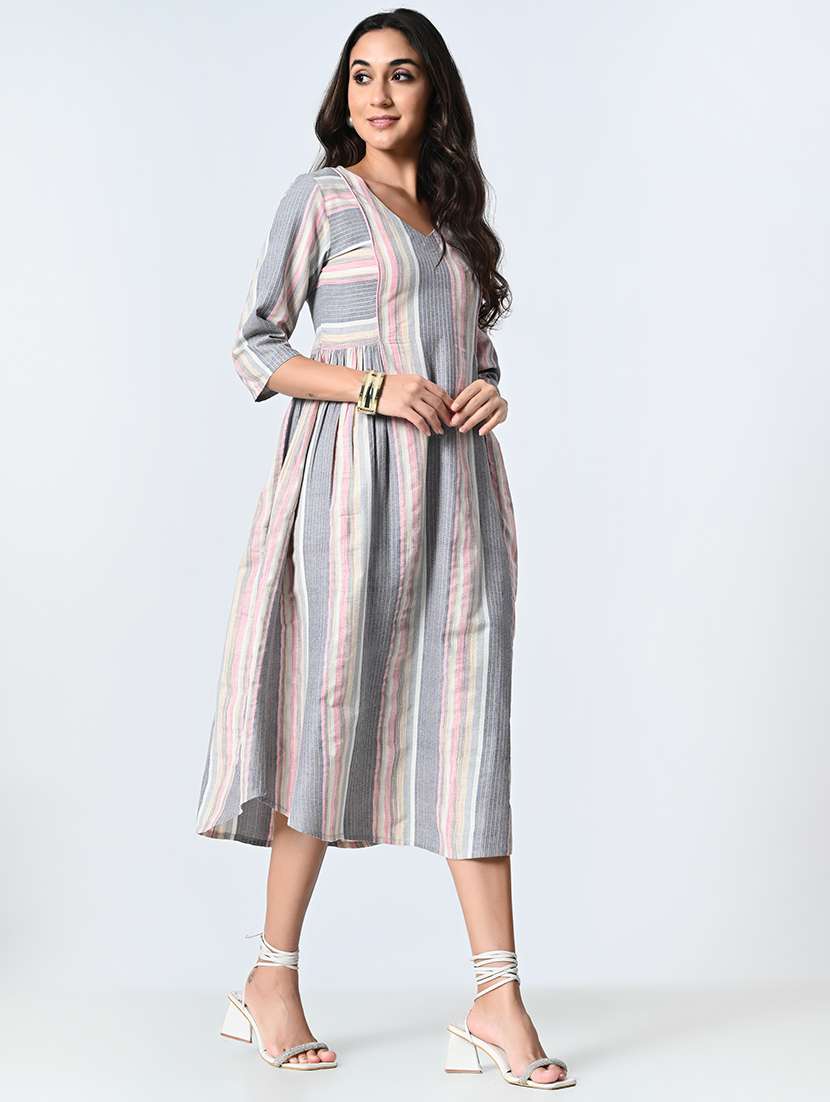 women grey stripes a-line dress - 21571972 - Standard Image - 1