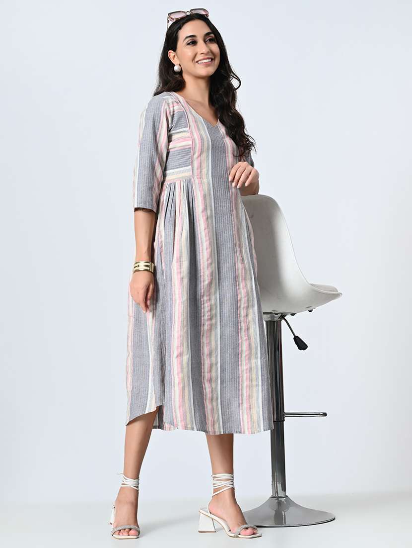 women grey stripes a-line dress - 21571972 - Standard Image - 4