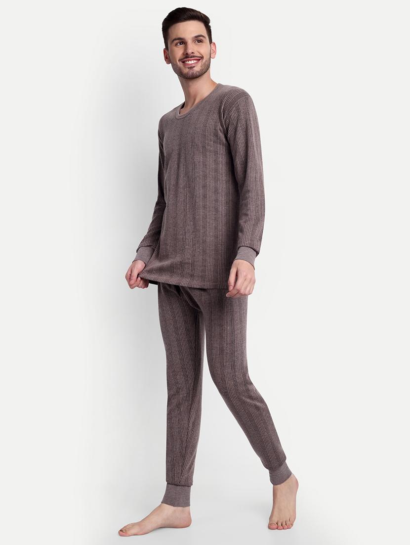 men solid long sleeve round neck top & bottom thermal set - 21572021 - Standard Image - 1