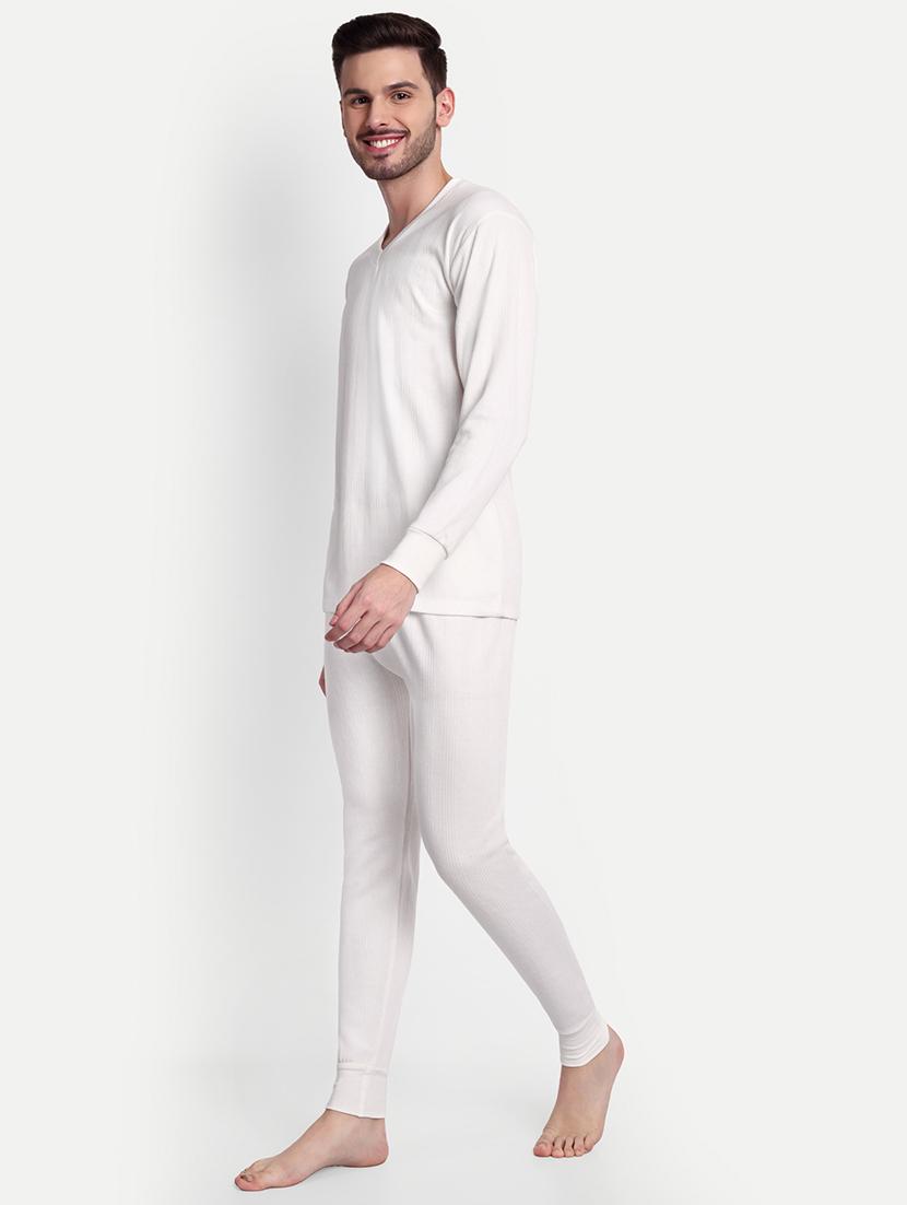 men solid long sleeve v neck top & bottom thermal set - 21572030 - Standard Image - 1