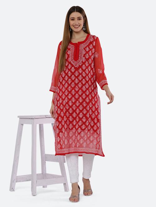 women solid with work chikankari straight kurta - 21572057 - Standard Image - 0