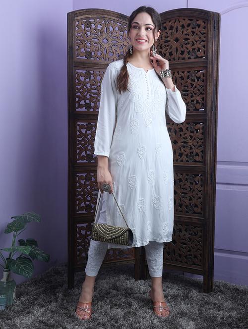 women solid with work chikankari straight kurta - 21572072 - Standard Image - 0