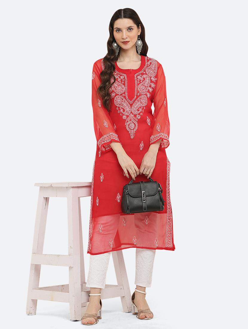 women solid with work chikankari straight kurta - 21572074 - Zoom Image - 0