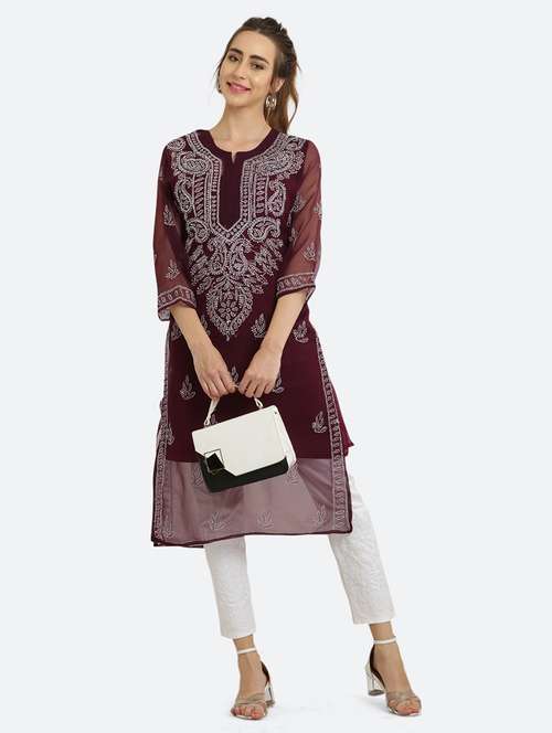 women solid with work chikankari straight kurta - 21572075 - Standard Image - 0