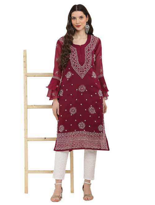 women chikankari round neck kurta - 21572085 -  Standard Image - 0