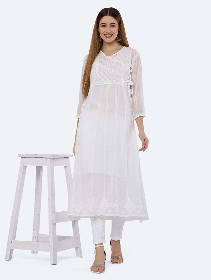 women chikankari overlap neck kurta