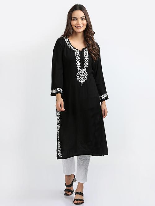 women solid with work chikankari straight kurta - 21572109 - Standard Image - 0