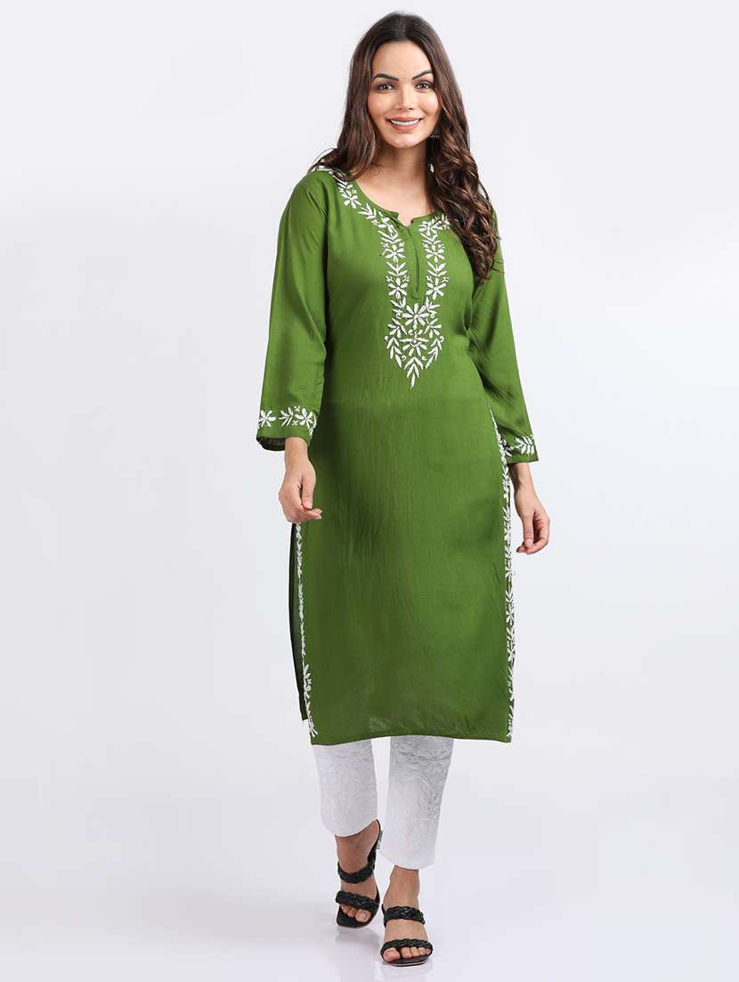 women solid with work chikankari straight kurta