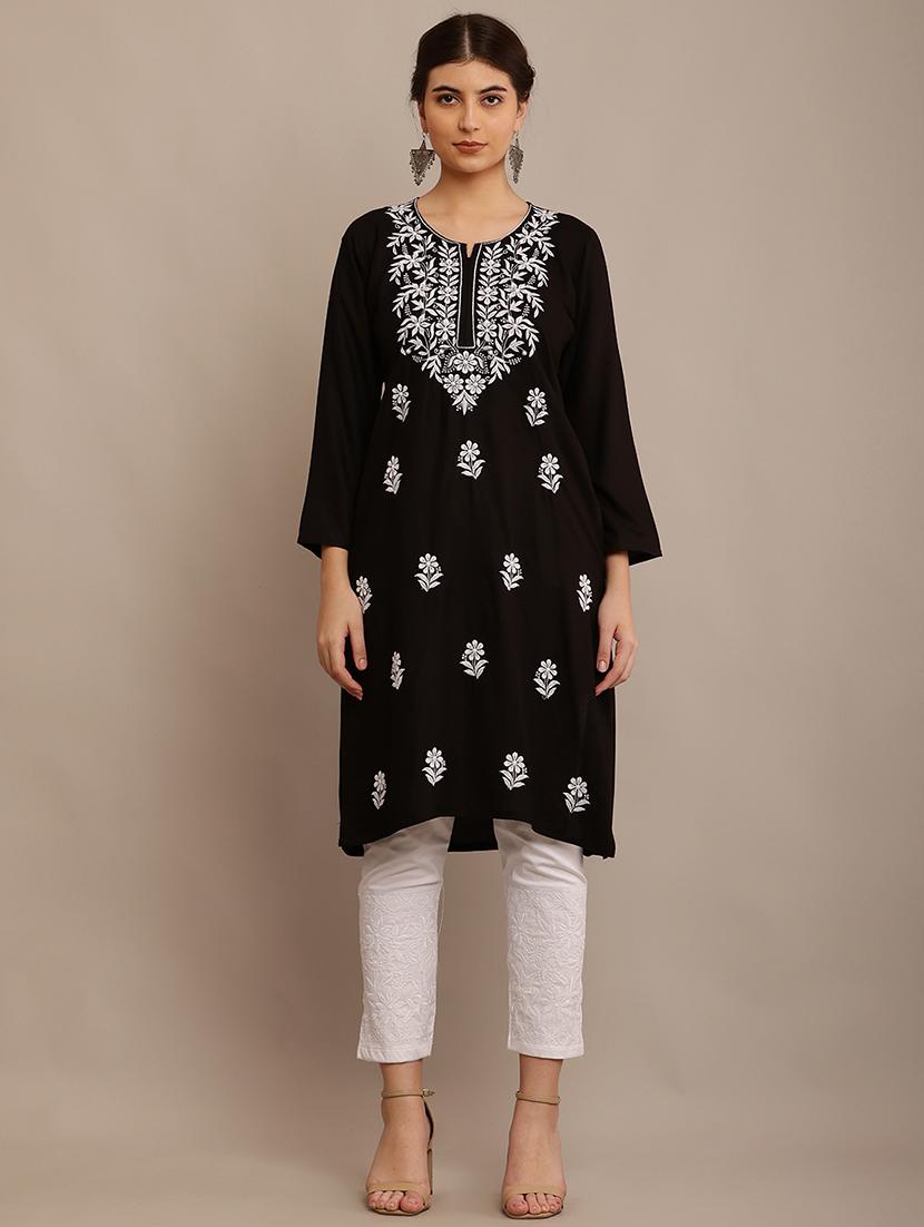 women solid with work chikankari straight kurta - 21572117 - Zoom Image - 0