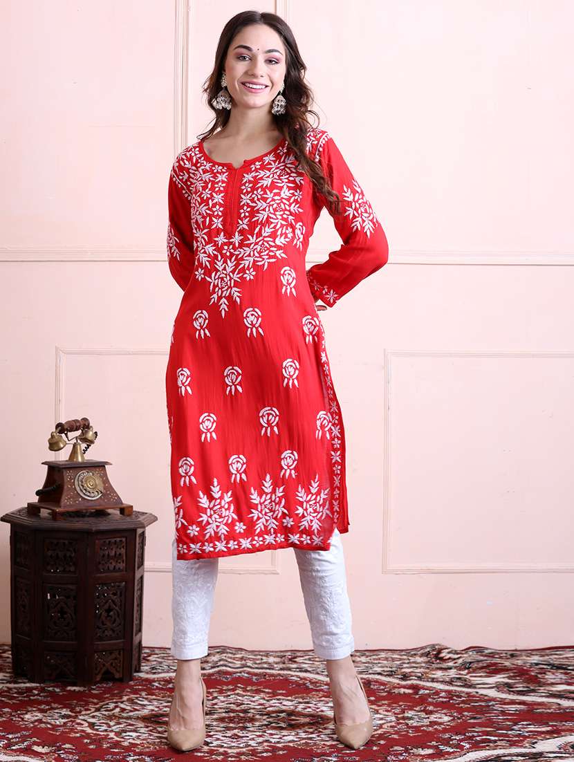 women solid with work chikankari straight kurta - 21572123 -  Standard Image - 1