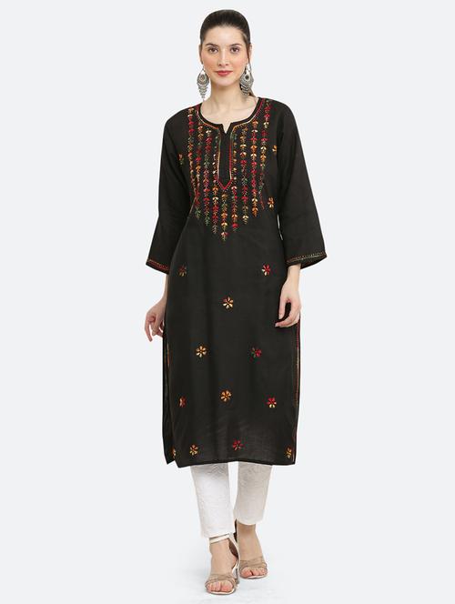women three quarter sleeve straight chickankari kurta - 21572125 - Standard Image - 0