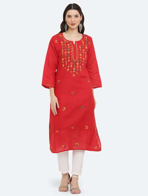 women solid with work chikankari straight kurta - 21572126 - Standard Image - 0