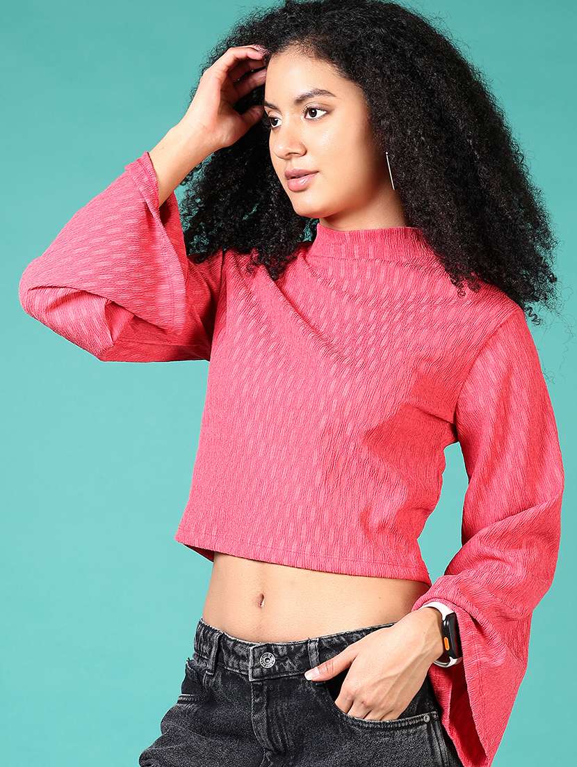 women pink self design long sleeve crop top - 21572210 -  Standard Image - 1