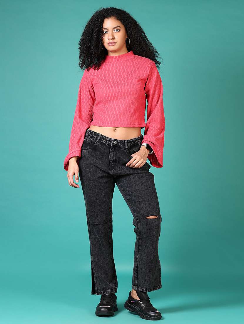 women pink self design long sleeve crop top - 21572210 -  Standard Image - 4