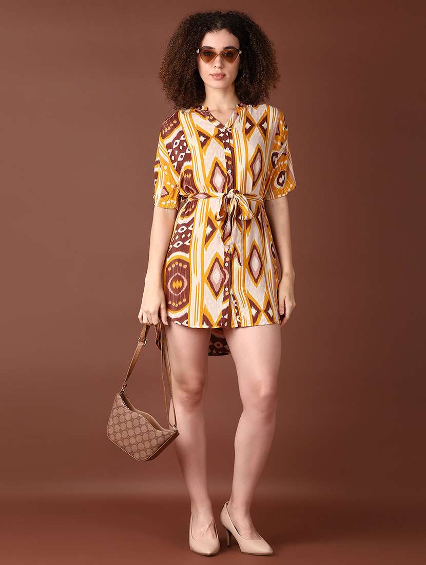 women yellow printed short sleeve a-line dress
